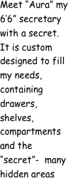Meet “Aura” my 6’6” secretary with a secret. It is custom designed to fill my needs, containing drawers, shelves, compartments and the “secret”-  many hidden areas